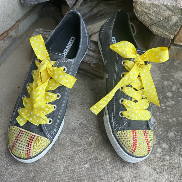 Converse All Star grey Sneakers w/Yellow laces & bling colorful toe Sz-8.  Ps - Picture 1 of 9